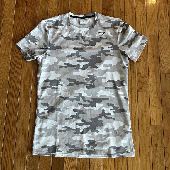 Gymshark Mens Small Grey White Camo Logo Crewneck Short Sleeve Gym T-Shirt - Picture 1 of 7